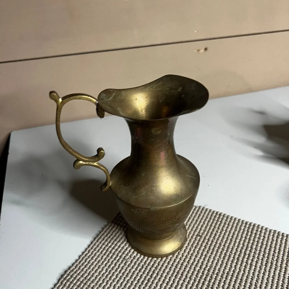 Vintage Solid Brass Pitcher Ornate Scrolled Handle Etched Decorative Vase 7.5in
